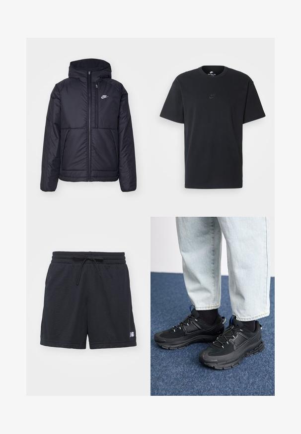 Giacca Nike nera, imbottita, con zip frontale e cappuccio. Presenta un logo bianco sul lato sinistro del petto e doppie tasche frontali. Texture esterna liscia.; T-shirt in cotone nero della Nike con collo rotondo classico, maniche corte e un logo in rilievo discreto sul petto. Texture liscia.; Shorts sportivi in mesh neri con vita elastica e cordoncino, e un piccolo logo bianco sul lato destro in basso.; Scarpe sportive nere con tessuto testurizzato e suole in gomma, dotate di lacci elastici e un accento blu sul tallone. Indossate con pantaloni in denim chiaro.