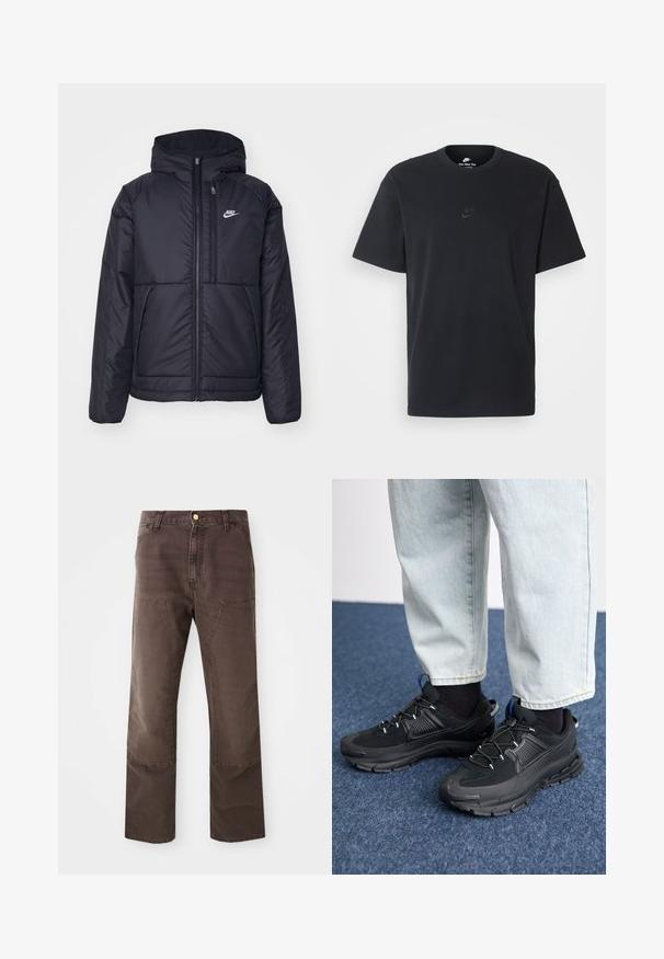 Fekete, párnázott Nike dzseki elülső cipzárral és kapucnival. A bal mellen fehér logó található, valamint két elülső zseb. Simának tűnő külső felület.; Fekete pamut póló Nike márkájú, klasszikus, kerek nyakú, rövid ujjú, és letisztult, dombornyomott logóval a mellkason. Simább textúra.; Barna, egyenes szárú nadrág, pamut keverékből készült. Elöl foltvarrásos zsebekkel és kontrasztos öltésekkel rendelkezik. Klasszikus gombzárral zárul.; Fekete sportcipők texturált anyaggal és gumitalppal, elasztikus fűzőkkel és kék kiegészítővel a saroknál. Világos farmernadrággal viselve.