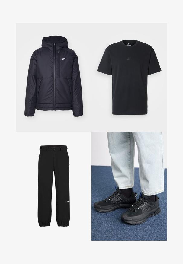 Czarna, pikowana kurtka Nike z przednim zamkiem błyskawicznym i kapturem. Posiada białe logo po lewej stronie klatki piersiowej oraz podwójne kieszenie z przodu. Gładka struktura zewnętrzna.; Czarny bawełniany t-shirt Nike z klasycznym okrągłym dekoltem, krótkimi rękawami oraz subtelnym, wytłoczonym logo na piersi. Gładka tekstura.; Czarne spodnie wykonane z lekkiego materiału, o luźnym kroju, z elastycznymi mankietami, szlufkami na pasek oraz małym kolorowym logo na dolnej części nogawki.; Czarne buty sportowe z teksturowanej tkaniny i gumowymi podeszwami, z elastycznymi sznurówkami i niebieskim akcentem na pięcie. Noszone z jasnymi dżinsami.