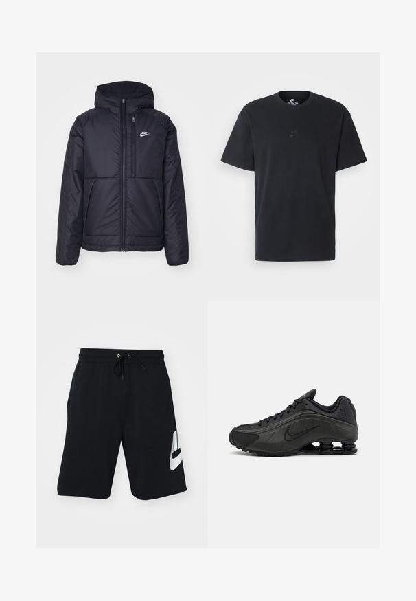 Svart, vadderad Nike-jacka med dragkedja framtill och huva. Har en vit logotyp på vänster bröst och dubbla framfickor. Slät yttextur.; Svart t-shirt i bomull från Nike med klassisk rund halsringning, korta ärmar och en diskret, präglad logotyp på bröstet. Slät textur.; Svarta bomullsbyxor med dragsko i midjan, sidofickor och stor vit Nike-logga tryckt på vänster lår. Klassisk atletisk design.; Svarta löparskor med en slät syntetisk ovandel, perforerade detaljer, texturerade sidopaneler och en distinkt fjädrande sula.
