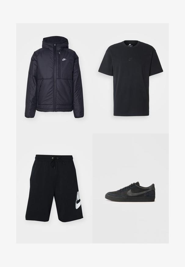 Svart, vadderad Nike-jacka med dragkedja framtill och huva. Har en vit logotyp på vänster bröst och dubbla framfickor. Slät yttextur.; Svart t-shirt i bomull från Nike med klassisk rund halsringning, korta ärmar och en diskret, präglad logotyp på bröstet. Slät textur.; Svarta bomullsbyxor med dragsko i midjan, sidofickor och stor vit Nike-logga tryckt på vänster lår. Klassisk atletisk design.; Svarta mockaskor med låg profil, gummiyttersula, strukturerade sidopaneler och tonat Nike swoosh-logotyp. Snörning framtill, vadderad krage.