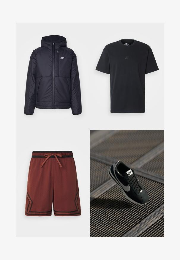 Černá zateplená bunda Nike s předním zipem a kapucí. Na levé straně hrudi má bílé logo a dvojité přední kapsy. Hladký povrch.; Černé bavlněné tričko Nike s klasickým kulatým výstřihem, krátkými rukávy a decentně vyraženým logem na hrudi. Hladký povrch.; Červené sportovní šortky vyrobené z prodyšného materiálu, s černým elastickým pasem se stahovací šňůrkou a kontrastními pruhy podél boků.; Černé tenisky Nike s šedými akcenty, z nubuku a síťoviny, s texturovanou podrážkou, úzkým tvarem a klasickým šněrovacím designem.