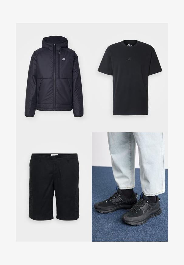 Black, padded Nike jacket with a front zipper and hood. Features a white logo on the left chest and dual front pockets. Smooth exterior texture.; Nike black cotton t-shirt with a classic crew neck, short sleeves, and a subtle, embossed logo on the chest. Smooth texture.; Black cargo shorts made of cotton. Features include two side pockets, a relaxed fit, and a flat front with a button closure.; Black athletic shoes with textured fabric and rubber soles, featuring elastic laces and a blue accent on the heel. Worn with light denim pants.