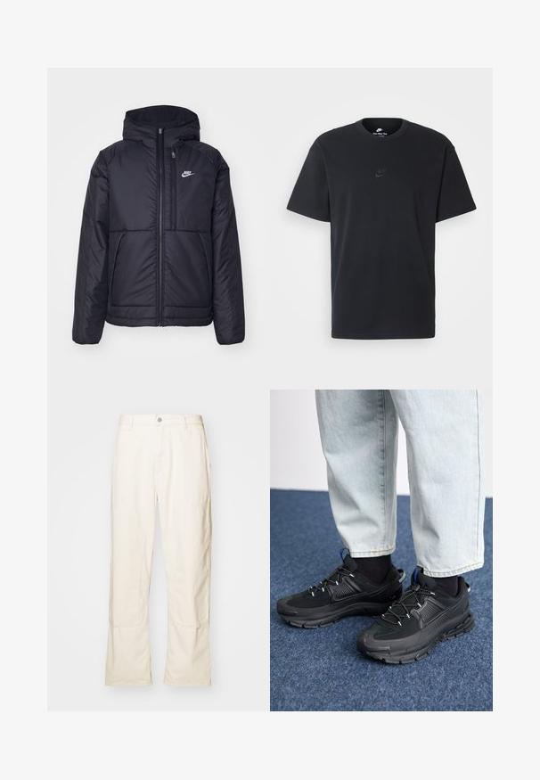 Jachetă Nike neagră, căptușită, cu fermoar pe față și glugă. Prezintă un logo alb pe pieptul stâng și două buzunare frontale. Textură exterioară netedă.; Tricou din bumbac negru Nike, cu guler rotund clasic, mâneci scurte și un logo subtil embosat pe piept. Textură netedă.; Pantaloni largi de culoare crem, din bumbac, cu buzunare laterale, închidere cu nasture și detalii subtile de cusătură.; Pantofi sport negri, cu țesătură texturată și tălpi din cauciuc, având șireturi elastice și un accent albastru pe toc. Purtați cu pantaloni din denim deschis.