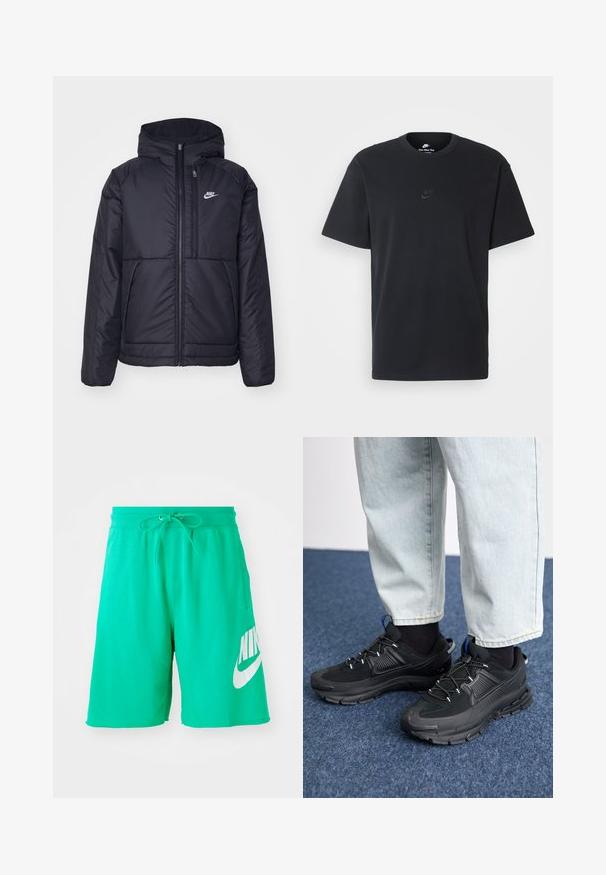 Casaco Nike preto, acolchoado, com fecho à frente e capuz. Apresenta um logo branco no lado esquerdo do peito e dois bolsos frontais. Textura exterior lisa.; T-shirt de algodão preto da Nike com um clássico decote redondo, mangas curtas e um logótipo em relevo discreto no peito. Textura suave.; Calções de algodão verdes com cintura elástica e cordão, apresentando um grande logótipo branco da Nike na perna direita e uma textura suave.; Sapatilhas desportivas pretas com tecido texturizado e solas em borracha, apresentando atacadores elásticos e um detalhe azul no calcanhar. Usadas com calças de ganga claras.