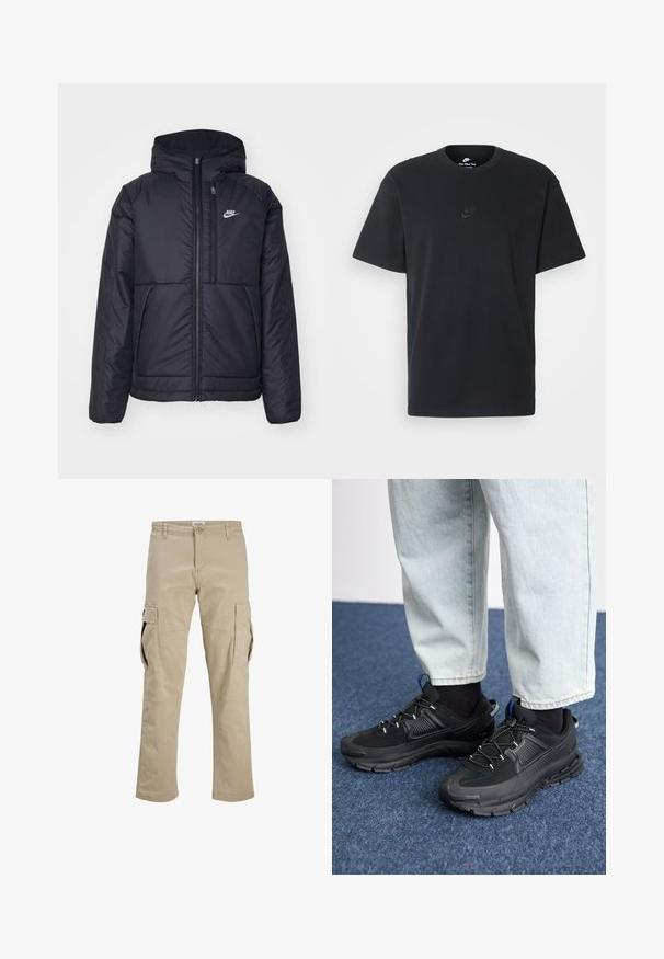 Black, padded Nike jacket with a front zipper and hood. Features a white logo on the left chest and dual front pockets. Smooth exterior texture.; Nike black cotton t-shirt with a classic crew neck, short sleeves, and a subtle, embossed logo on the chest. Smooth texture.; Beige cargo pants made of cotton, featuring multiple side pockets, a zip fly, and a straight leg design. Smooth texture with reinforced stitching.; Black athletic shoes with textured fabric and rubber soles, featuring elastic laces and a blue accent on the heel. Worn with light denim pants.