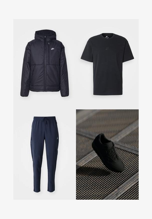 Fekete, párnázott Nike dzseki elülső cipzárral és kapucnival. A bal mellen fehér logó található, valamint két elülső zseb. Simának tűnő külső felület.; Fekete pamut póló Nike márkájú, klasszikus, kerek nyakú, rövid ujjú, és letisztult, dombornyomott logóval a mellkason. Simább textúra.; Tengerészeti sportnadrág könnyű anyagból. Rugalmas derékpánttal és állítható zsinórral, oldalsó zsebekkel és tapered lábakkal rendelkezik.; Fekete sneaker sima felülettel, kerek orral, fűzős elülső résszel és diszkrét logóval. Textúrázott, ipari háttér előtt bemutatva.