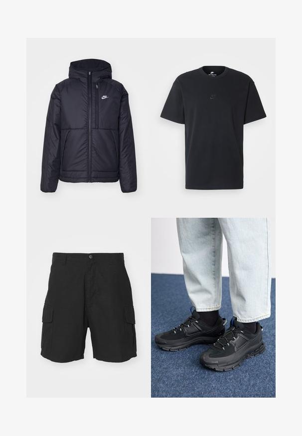 Black, padded Nike jacket with a front zipper and hood. Features a white logo on the left chest and dual front pockets. Smooth exterior texture.; Nike black cotton t-shirt with a classic crew neck, short sleeves, and a subtle, embossed logo on the chest. Smooth texture.; Black cargo shorts made of lightweight fabric, featuring two side pockets, a button closure, and a relaxed fit at mid-thigh length.; Black athletic shoes with textured fabric and rubber soles, featuring elastic laces and a blue accent on the heel. Worn with light denim pants.