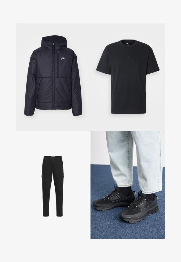 Juodas, paminkštintas Nike džemperis su priekyje užtrauktuku ir gobtuvu. Pasižymi balta logo kairėje krūtinės pusėje ir dviem priekinėmis kišenėmis. Su lygiu išoriniu paviršiumi.; Juodas medvilninis Nike marškinėliai su klasikinėmis apykaklėmis, trumpomis rankovėmis ir subtiliu, įspaustu logotipu ant krūtinės. Sklandus tekstūra.; Juodi krovinių kelnės su siauru siluetu, turinčios dvi šonines kišenes ir vieną užpakalinę kišenę, pagamintos iš tvirto medvilnės audinio.; Juodi sportiniai bateliai su tekstūruota medžiaga ir guminiais padais, su elastingomis raišteliais ir mėlynu akcentu ant kulno. Dėvimi su šviesiai mėlynomis džinsinėmis kelnėmis.