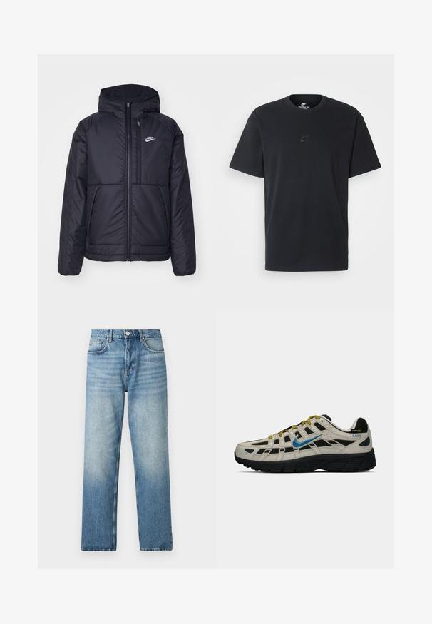 Must musta Nike jope, millel on ees lukuga avamine ja kapuuts. Vasakpoolne rind on kaunistatud valge logoga ning ees on kaks taskut. Sile välimine tekstuur.; Nike musta mustast puuvillast T-särk klassikalise ümmarguse kaelusega, lühikeste varrukatega ja õrna, reljeefse logoga rinnal. Sile tekstuur.; Heledad sinine teksapüksid otse lõikega, mis sisaldavad nupu sulgemist, viit taskut ja õrna tuhmumist servade lähedal. Lamedapinnaline tekstuur.; Beige ja must Nike P-6000 tossud sinise swooshi, kollaste paelte, musta tallaga ja Cordura kangast sildiga kontsadel.