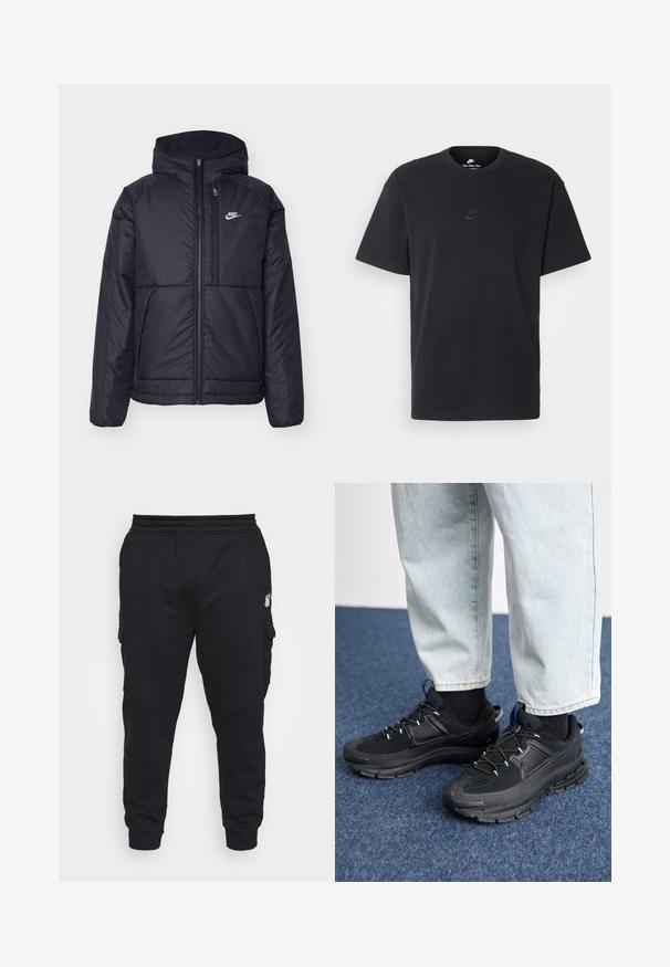 Casaco Nike preto, acolchoado, com fecho à frente e capuz. Apresenta um logo branco no lado esquerdo do peito e dois bolsos frontais. Textura exterior lisa.; T-shirt de algodão preto da Nike com um clássico decote redondo, mangas curtas e um logótipo em relevo discreto no peito. Textura suave.; SIKSILK EXTENDED - Calças cargo - black; Sapatilhas desportivas pretas com tecido texturizado e solas em borracha, apresentando atacadores elásticos e um detalhe azul no calcanhar. Usadas com calças de ganga claras.
