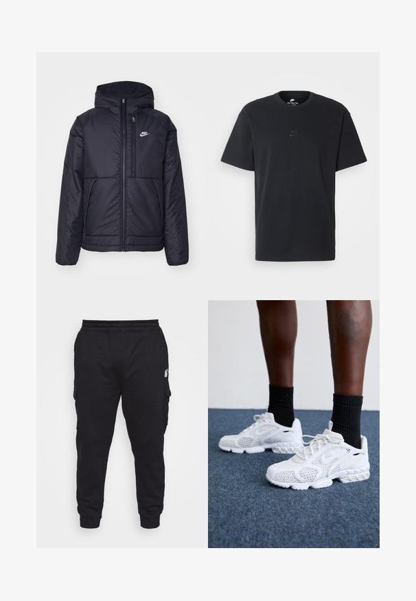 Black, padded Nike jacket with a front zipper and hood. Features a white logo on the left chest and dual front pockets. Smooth exterior texture.; Nike black cotton t-shirt with a classic crew neck, short sleeves, and a subtle, embossed logo on the chest. Smooth texture.; SIKSILK EXTENDED - Cargo trousers - black; White athletic shoes with mesh upper, textured accents, and cushioned sole. Paired with black ribbed ankle socks on a blue carpeted surface.