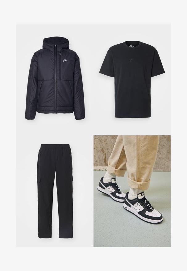 Czarna, pikowana kurtka Nike z przednim zamkiem błyskawicznym i kapturem. Posiada białe logo po lewej stronie klatki piersiowej oraz podwójne kieszenie z przodu. Gładka struktura zewnętrzna.; Czarny bawełniany t-shirt Nike z klasycznym okrągłym dekoltem, krótkimi rękawami oraz subtelnym, wytłoczonym logo na piersi. Gładka tekstura.; Czarne spodnie cargo wykonane z gładkiego materiału z elastycznym pasem. Posiadają boczne kieszenie oraz kieszenie cargo na udach do przechowywania.; Czarno-białe sneakersy Nike Air Force 1 z skórzanym wierzchem, perforowanym czubkiem i teksturowaną podeszwą, noszone z podwiniętymi beżowymi spodniami i białymi skarpetkami.