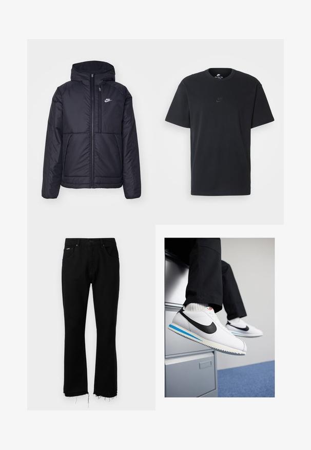 Juodas, paminkštintas Nike džemperis su priekyje užtrauktuku ir gobtuvu. Pasižymi balta logo kairėje krūtinės pusėje ir dviem priekinėmis kišenėmis. Su lygiu išoriniu paviršiumi.; Juodas medvilninis Nike marškinėliai su klasikinėmis apykaklėmis, trumpomis rankovėmis ir subtiliu, įspaustu logotipu ant krūtinės. Sklandus tekstūra.; Juodos džinsinio audinio kelnės su praplatėjimu, su nusidėvėjusiu kraštu, dviem priekinėmis kišenėmis ir viena užpakaline kišene. Metalinis mygtuko užsegimas juosmens srityje.; Baltos odinės sportbačiai su juodu Nike logotipu, šviesiai mėlyna ir pilka guma padais bei klasikiniu raištelių dizainu. Kojos remiasi į dokumentų spintą.