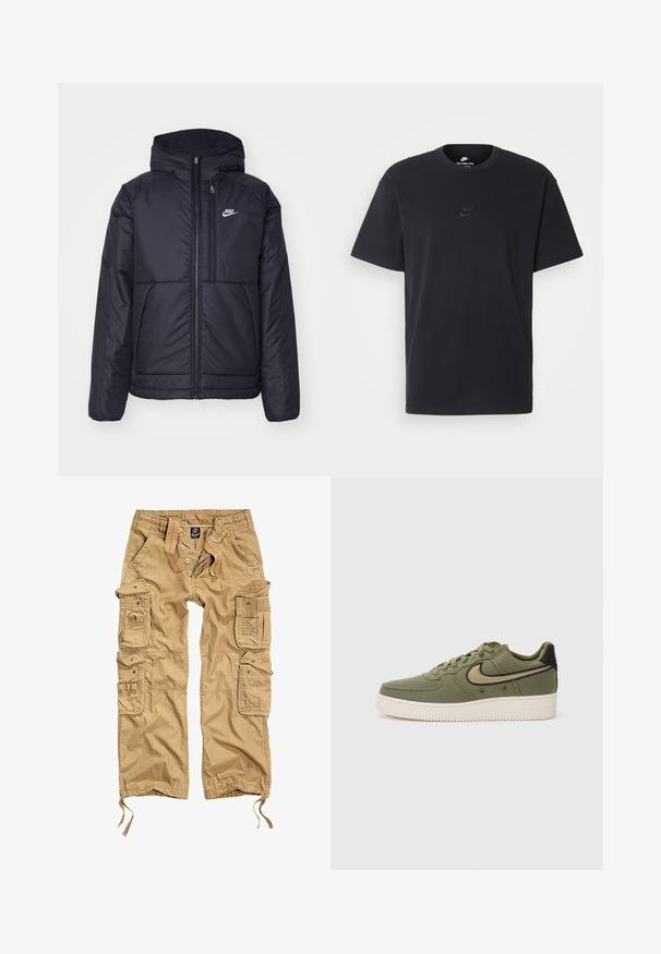 Svart, polstret Nike-jakke med frontglidelås og hette. Har en hvit logo på venstre bryst og doble frontlommer. Glatt ytterside.; Nike svart bomull T-skjorte med klassisk rund hals, korte ermer, og en subtil, preget logo på brystet. Glatt tekstur.; Khaki cargobukser med flere sidelommer, knaplukning, elastisk talje og justerbare manchetter. Laget av slitesterkt stoff.; Oliven grønn lerretsjoggesko med svarte aksenter, med snøring, polstret krage og strukturert yttersåle med "AIR"-merke.