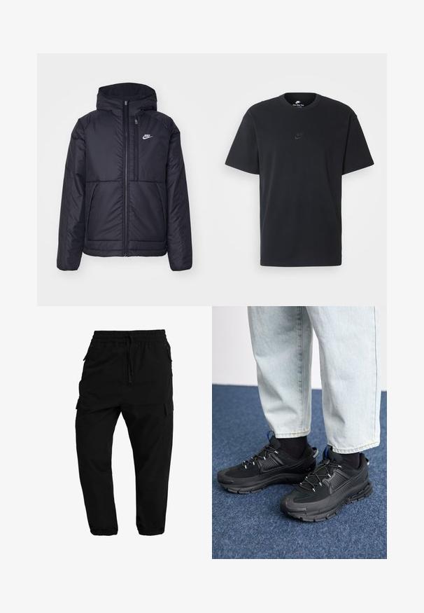 Black, padded Nike jacket with a front zipper and hood. Features a white logo on the left chest and dual front pockets. Smooth exterior texture.; Nike black cotton t-shirt with a classic crew neck, short sleeves, and a subtle, embossed logo on the chest. Smooth texture.; Black cargo pants with an elastic waistband, drawstring closure, and side pockets. Tapered leg with elastic cuffs and a smooth texture.; Black athletic shoes with textured fabric and rubber soles, featuring elastic laces and a blue accent on the heel. Worn with light denim pants.