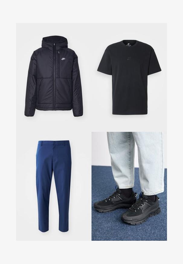 Zwarte, gewatteerde Nike-jas met een voorkant met ritssluiting en capuchon. Kenmerkt zich door een wit logo op de linkerborst en dubbele frontzakken. Gladde buitenkant.; Zwarte katoenen t-shirt van Nike met een klassieke ronde hals, korte mouwen en een subtiele, reliëflogo op de borst. Gladde textuur.; Navy blauwe chinos met een gladde textuur, een knoopsluiting in de band en zijzakken, met een getailleerde pasvorm en verkorte lengte.; Zwarte sportschoenen met gestructureerde stof en rubberen zolen, met elastische veters en een blauwe accent op de hiel. Draag samen met lichte spijkerbroeken.