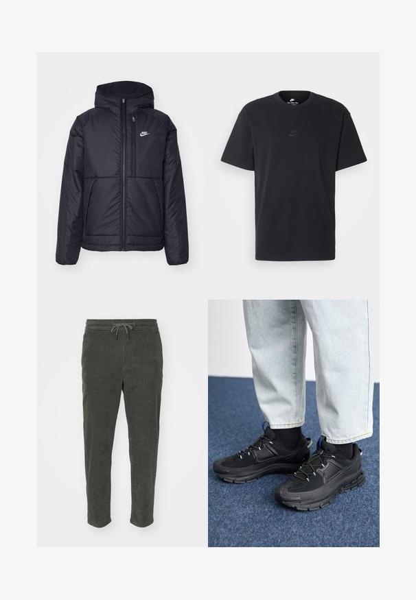 Čierna, polstrovaná bunda Nike so zipsom vpredu a kapucňou. Na ľavej strane hrude sa nachádza biele logo a sú tu dva predné vrecká. Hladký vonkajší povrch.; Čierne bavlnené tričko Nike s klasickým okrúhlym výstrihom, krátkymi rukávmi a jemne embosovaným logom na hrudi. Hladká textúra.; Zelenohnedé corduroy nohavice s elastickým pásom a šnúrkou na stiahnutie, s užšími nohavicami. Textúrovaný povrch s vertikálnymi ryhovaním.; Čierne športové topánky s textúrovanou tkaninou a gumovou podrážkou, so elastickými šnúrkami a modrým akcentom na päte. Nosia sa s svetlými riflami.