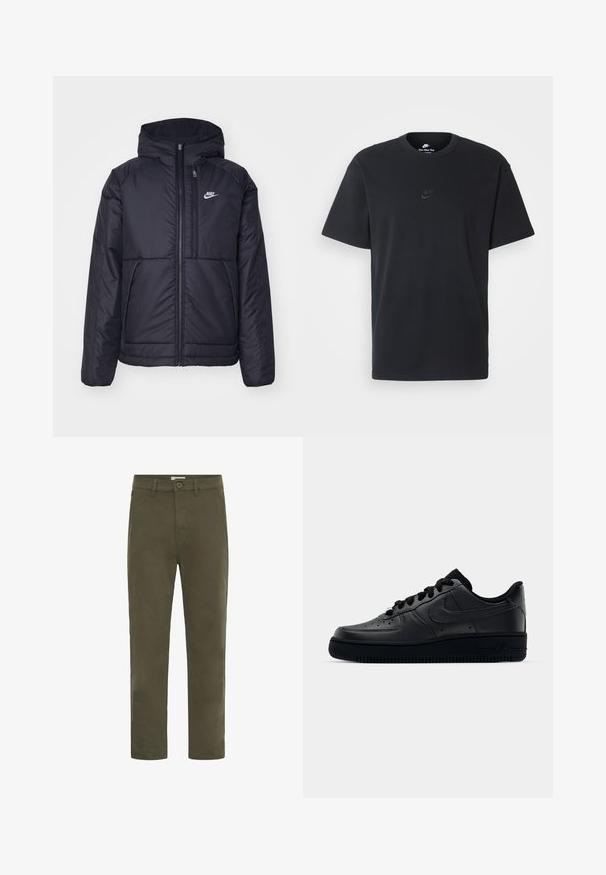 Fekete, párnázott Nike dzseki elülső cipzárral és kapucnival. A bal mellen fehér logó található, valamint két elülső zseb. Simának tűnő külső felület.; Fekete pamut póló Nike márkájú, klasszikus, kerek nyakú, rövid ujjú, és letisztult, dombornyomott logóval a mellkason. Simább textúra.; Férfi olívazöld, laza egyenes szárú nadrág gombos záródással és övhurkokkal, mindennapi viseletre tervezve.; Fekete Nike Air Force 1 sneaker sima bőr felsőrészével, perforált orrával a légáteresztés érdekében, fekete cipőfűzőkkel és textúrált gumitalppal.