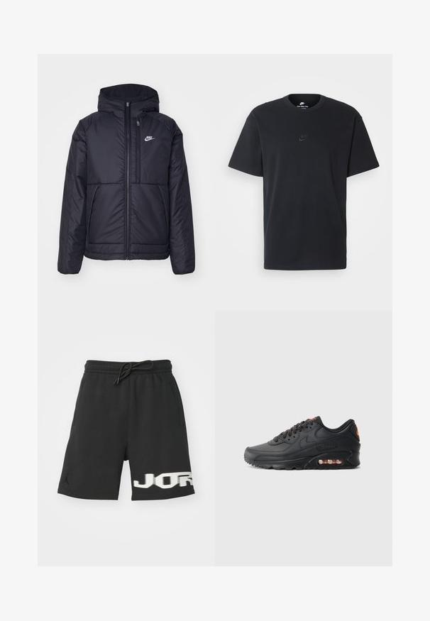 Chaqueta acolchada negra de Nike con cremallera frontal y capucha. Presenta un logo blanco en el lado izquierdo del pecho y dos bolsillos frontales. Textura exterior suave.; Camiseta negra de algodón de Nike con un clásico cuello redondo, mangas cortas y un sutil logo en relieve en el pecho. Textura suave.; Jordan Pantalones deportivos - black; Zapatillas Nike Air Max 90 con parte superior sintética negra, acabado texturizado, cierre de cordones, unidad de aire visible y logo de acento en naranja.