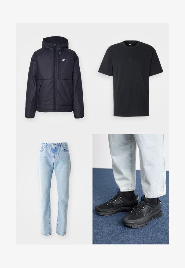 Fekete, párnázott Nike dzseki elülső cipzárral és kapucnival. A bal mellen fehér logó található, valamint két elülső zseb. Simának tűnő külső felület.; Fekete pamut póló Nike márkájú, klasszikus, kerek nyakú, rövid ujjú, és letisztult, dombornyomott logóval a mellkason. Simább textúra.; Világoskék farmernadrág egyenes szabással, öt zsebből álló stílussal és magas dérrel. Minimális kopásnyomokkal és látható díszítés nélkül.; Fekete sportcipők texturált anyaggal és gumitalppal, elasztikus fűzőkkel és kék kiegészítővel a saroknál. Világos farmernadrággal viselve.