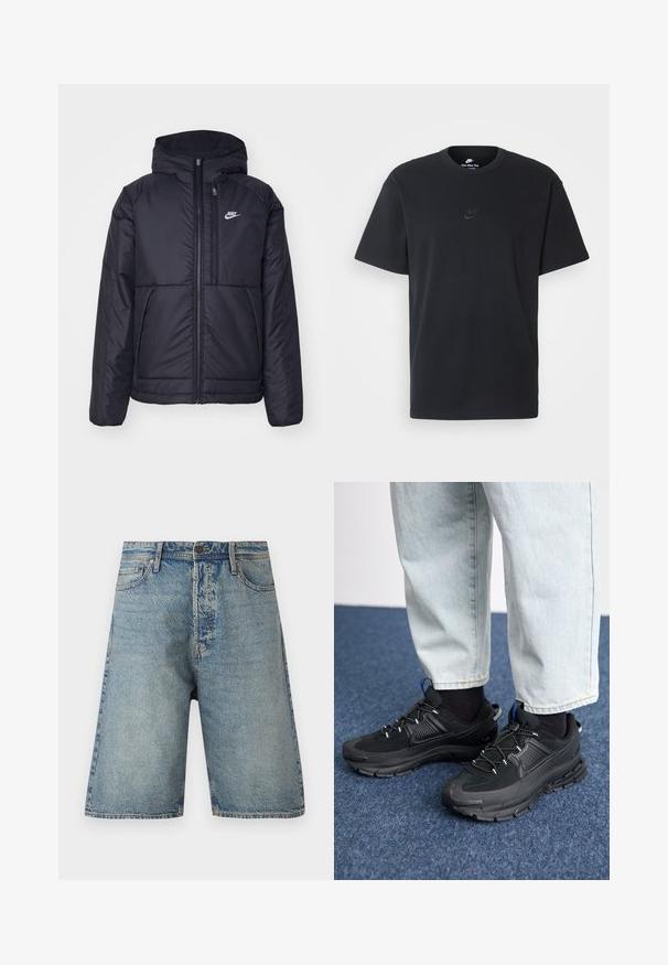 Czarna, pikowana kurtka Nike z przednim zamkiem błyskawicznym i kapturem. Posiada białe logo po lewej stronie klatki piersiowej oraz podwójne kieszenie z przodu. Gładka struktura zewnętrzna.; Czarny bawełniany t-shirt Nike z klasycznym okrągłym dekoltem, krótkimi rękawami oraz subtelnym, wytłoczonym logo na piersi. Gładka tekstura.; Szorty dżinsowe w jasnoniebieskim odcieniu, z pięcioma kieszeniami i prostym krojem. Trwały materiał z widocznym szwem i zapięciem na guzik.; Czarne buty sportowe z teksturowanej tkaniny i gumowymi podeszwami, z elastycznymi sznurówkami i niebieskim akcentem na pięcie. Noszone z jasnymi dżinsami.