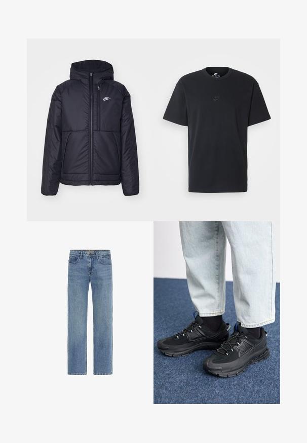 Black, padded Nike jacket with a front zipper and hood. Features a white logo on the left chest and dual front pockets. Smooth exterior texture.; Nike black cotton t-shirt with a classic crew neck, short sleeves, and a subtle, embossed logo on the chest. Smooth texture.; Light blue denim jeans with a straight-leg cut, featuring classic five-pocket design and visible stitching details. No embellishments.; Black athletic shoes with textured fabric and rubber soles, featuring elastic laces and a blue accent on the heel. Worn with light denim pants.
