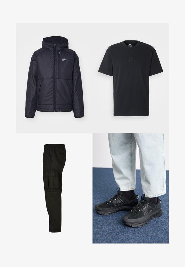 Čierna, polstrovaná bunda Nike so zipsom vpredu a kapucňou. Na ľavej strane hrude sa nachádza biele logo a sú tu dva predné vrecká. Hladký vonkajší povrch.; Čierne bavlnené tričko Nike s klasickým okrúhlym výstrihom, krátkymi rukávmi a jemne embosovaným logom na hrudi. Hladká textúra.; Čierne cargo nohavice s voľným strihom, elastickým pásom, bočnými vreckami a veľkým cargo vreckom na stehne. Mäkko, ľahký materiál.; Čierne športové topánky s textúrovanou tkaninou a gumovou podrážkou, so elastickými šnúrkami a modrým akcentom na päte. Nosia sa s svetlými riflami.