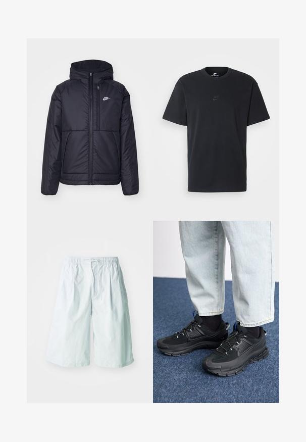 Casaco Nike preto, acolchoado, com fecho à frente e capuz. Apresenta um logo branco no lado esquerdo do peito e dois bolsos frontais. Textura exterior lisa.; T-shirt de algodão preto da Nike com um clássico decote redondo, mangas curtas e um logótipo em relevo discreto no peito. Textura suave.; Calções azul claro feitos de tecido leve. Apresentam uma cintura elástica com cordão e bolsos laterais. Textura suave e ajustam-se de forma solta.; Sapatilhas desportivas pretas com tecido texturizado e solas em borracha, apresentando atacadores elásticos e um detalhe azul no calcanhar. Usadas com calças de ganga claras.