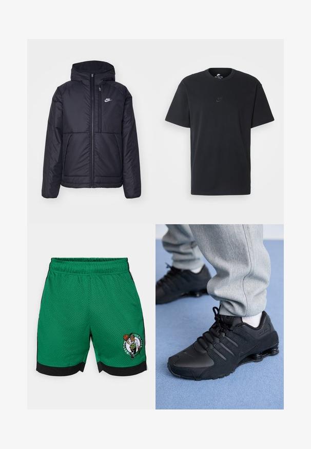 Casaco Nike preto, acolchoado, com fecho à frente e capuz. Apresenta um logo branco no lado esquerdo do peito e dois bolsos frontais. Textura exterior lisa.; T-shirt de algodão preto da Nike com um clássico decote redondo, mangas curtas e um logótipo em relevo discreto no peito. Textura suave.; Calções de basquetebol verdes feitos de tecido em malha, com um cós preto, painéis laterais e um logo bordado dos Boston Celtics.; Pessoa vestindo tênis Nike Shox pretos e calças de moletom cinzas, de pé em um tapete azul claro.