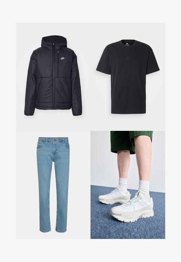 Jachetă Nike neagră, căptușită, cu fermoar pe față și glugă. Prezintă un logo alb pe pieptul stâng și două buzunare frontale. Textură exterioară netedă.; Tricou din bumbac negru Nike, cu guler rotund clasic, mâneci scurte și un logo subtil embosat pe piept. Textură netedă.; Jeans din denim de un albastru deschis, cu un design drept, stil cu cinci buzunare și sistem de prindere cu nasture. Textură netedă și detalii de coasere minimalistă.; Pantofi sport albi cu suprapuneri texturate, talpă masivă și accente gri. Purtați cu șosete albe până la glezne și pantaloni scurți verzi pe o suprafață albastră.