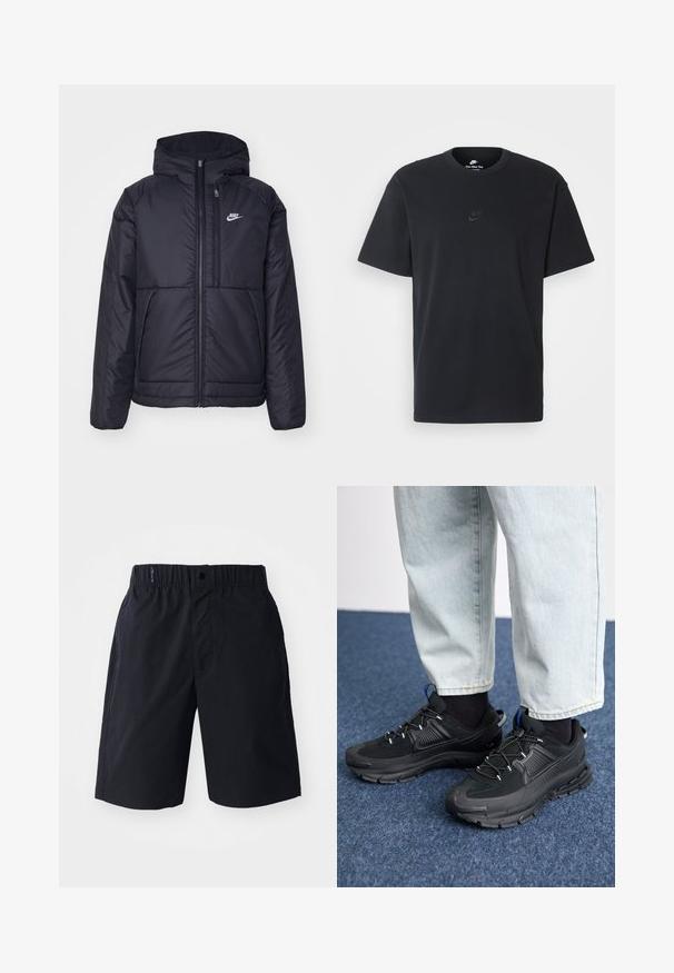 Chaqueta acolchada negra de Nike con cremallera frontal y capucha. Presenta un logo blanco en el lado izquierdo del pecho y dos bolsillos frontales. Textura exterior suave.; Camiseta negra de algodón de Nike con un clásico cuello redondo, mangas cortas y un sutil logo en relieve en el pecho. Textura suave.; Pantalones cortos negros hechos de tejido ligero, con un frente plano, cintura elástica y bolsillos laterales. Diseño simple sin patrones.; Zapatillas deportivas negras con tejido texturizado y suelas de goma, con cordones elásticos y un acento azul en el talón. Combinadas con pantalones de mezclilla claros.