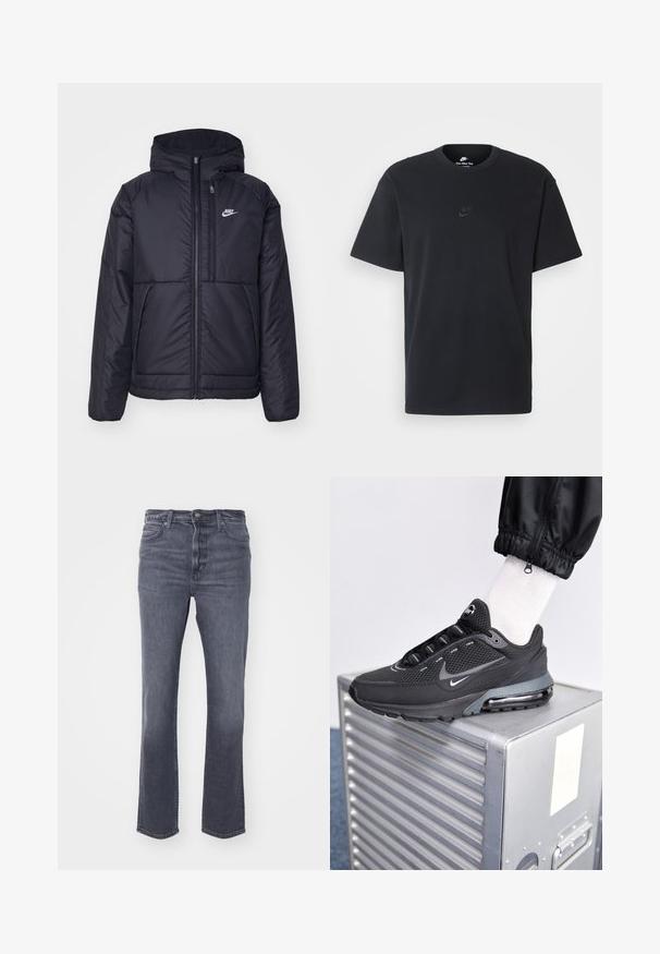 Czarna, pikowana kurtka Nike z przednim zamkiem błyskawicznym i kapturem. Posiada białe logo po lewej stronie klatki piersiowej oraz podwójne kieszenie z przodu. Gładka struktura zewnętrzna.; Czarny bawełniany t-shirt Nike z klasycznym okrągłym dekoltem, krótkimi rękawami oraz subtelnym, wytłoczonym logo na piersi. Gładka tekstura.; Szare dżinsy o prostym kroju nogawki, pięć kieszeni, subtelne ściernienie, zapięcie na guziki i zamek, oraz klasyczny pas.; Nike Sportswear PULSE czarny