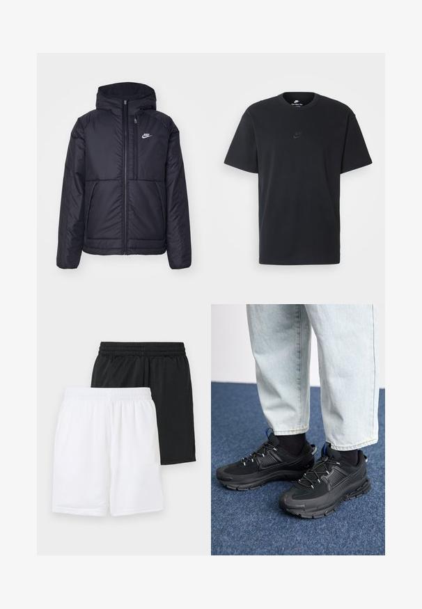 Black, padded Nike jacket with a front zipper and hood. Features a white logo on the left chest and dual front pockets. Smooth exterior texture.; Nike black cotton t-shirt with a classic crew neck, short sleeves, and a subtle, embossed logo on the chest. Smooth texture.; Two pairs of sports shorts: one black, one white. Both feature an elastic waistband and a breathable mesh texture.; Black athletic shoes with textured fabric and rubber soles, featuring elastic laces and a blue accent on the heel. Worn with light denim pants.