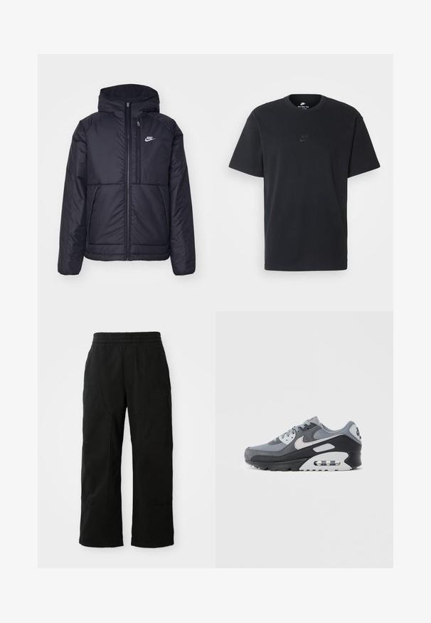 Schwarze, gepolsterte Nike-Jacke mit Frontreißverschluss und Kapuze. Hat ein weißes Logo auf der linken Brust und zwei Fronttaschen. Glattes äußeres Material.; Schwarzes Baumwoll-T-Shirt von Nike mit klassischem Rundhalsausschnitt, kurzen Ärmeln und einem dezenten, geprägten Logo auf der Brust. Glatte Textur.; Schwarze Baumwollhosen mit einem elastischen Bund, weitem Beinansatz und großen Seitentaschen. Der Stoff wirkt weich mit einer glatten Textur.; Grauer Sneaker mit einer Mischung aus Mesh- und Wildledermaterialien, einer schwarzen Sohle und einer sichtbaren Luftkammer. Auffällige hellgraue Akzente und Schnürsenkel.