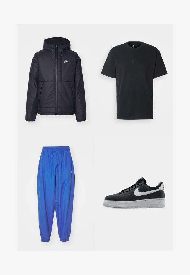 Melna, pufota Nike jaka ar priekšējo rāvējslēdzēju un kapuci. Iezīmēta ar baltu logotipu uz kreisās krūtis un divām priekšējām kabatām. Gluda ārējā tekstūra.; Nike melns kokvilnas T-krekls ar klasisku piegriezumu, īsām piedurknēm un smalku, reljefu logotipu uz krūškurvja. Gluda tekstūra.; Zilā sporta bikses, kas izgatavotas no viegla auduma, ar elastīgu jostasvietu, apkaklēm un baltām sānu svītrām.; Melna ādas sporta apavi ar teksturētu virsmu, balta Nike swoosh zīme, pelēks zole, apaļa pirksta daļa un saistējs dizains. Iekļautas perforācijas uz pirksta kastes.