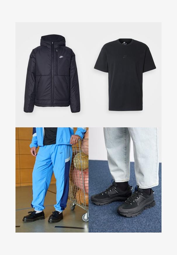 Sort, polstret Nike-jakke med frontlynlås og hætte. Har et hvidt logo på venstre bryst og to frontlommer. Glat ydre tekstur.; Nike sort bomulds t-shirt med en klassisk rund hals, korte ærmer og et diskret, præget logo på brystet. Glat tekstur.; Lyseblå atletiske bukser med mørkeblå striber på siden, elastiske manchetter og sorte sko med frynsedetalje. Stablede sportsbolde i en vogn i nærheden.; Sorte træningssko med tekstureret stof og gummisåler, udstyret med elastiske snørebånd og en blå detalje på hælen. Bæres med lyse denimbukser.