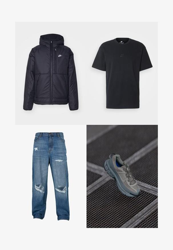 Juodas, paminkštintas Nike džemperis su priekyje užtrauktuku ir gobtuvu. Pasižymi balta logo kairėje krūtinės pusėje ir dviem priekinėmis kišenėmis. Su lygiu išoriniu paviršiumi.; Juodas medvilninis Nike marškinėliai su klasikinėmis apykaklėmis, trumpomis rankovėmis ir subtiliu, įspaustu logotipu ant krūtinės. Sklandus tekstūra.; Išblukę mėlyni džinsai su laisvu pritaikymu, turintys kelis suplėšytus lopus ir pašerpetojusius kraštus. Stiprinti kišenės ir sagčių uždarymas.; Bežiniai ir pilki sportiniai bateliai su tekstūruotu tinkliniu viršumi, apvaliu pirštu ir guminiais padais, turi raištelius ir paminkštintą apykaklę.