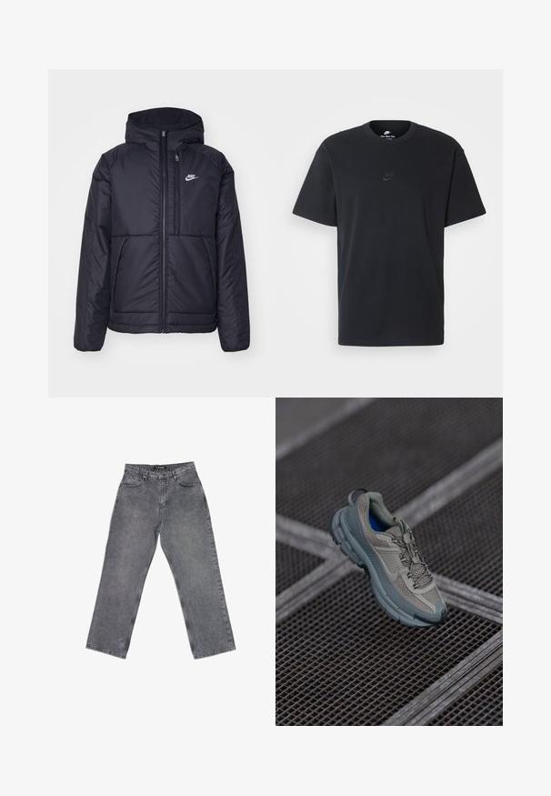 Črna, podložena Nike jakna z sprednjim zadrgo in kapuco. Ima bel logo na levem prsnem delu in dvojna sprednja žepa. Gladka zunanja tekstura.; Nike črna bombažna majica z klasičnim okroglim izrezom, kratkimi rokavi in subtilnim, vtisnjenim logotipom na prsih. Gladka tekstura.; Sive traperice s ravnim krojem, ki imajo pet žepov, loke za pas in zbledel videz. Preprost dizajn, brez vidnih vzorcev.; Bež in siva športna čevlja z teksturiranim mrežastim zgornjim delom, okroglem nosu in gumijastim podplatom, opremljena z vezalkami in oblazinjenim ovratnikom.