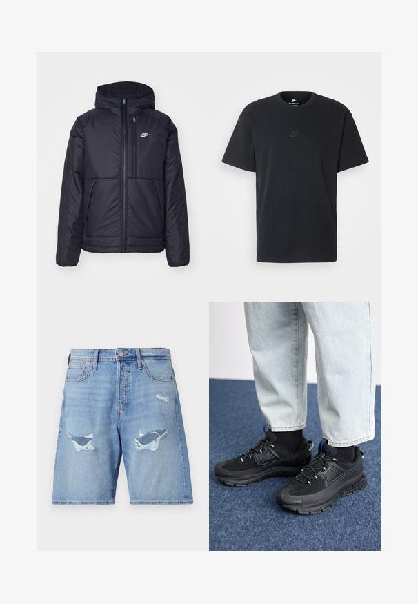 Črna, podložena Nike jakna z sprednjim zadrgo in kapuco. Ima bel logo na levem prsnem delu in dvojna sprednja žepa. Gladka zunanja tekstura.; Nike črna bombažna majica z klasičnim okroglim izrezom, kratkimi rokavi in subtilnim, vtisnjenim logotipom na prsih. Gladka tekstura.; Svetlo modri kavbojki kratki hlače z ohlapnim krojem, ki imajo dve večji poškodovani območji in subtilno brizganje na tkanini.; Črne športne čevlje z teksturirano tkanino in gumijastimi podplati, ki imajo elastične vezalke ter modre poudarke na peti. Nosi se z lahkimi denim hlačami.