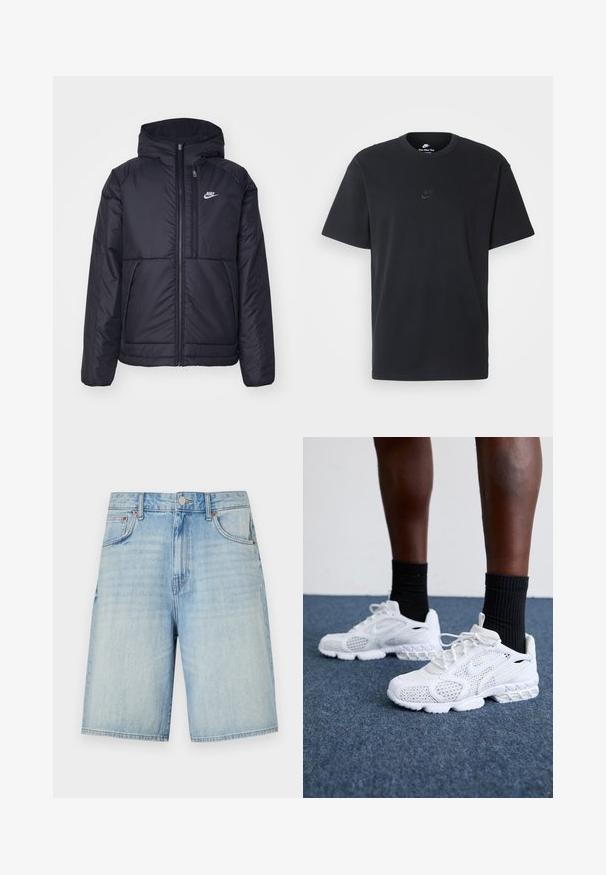 Chaqueta acolchada negra de Nike con cremallera frontal y capucha. Presenta un logo blanco en el lado izquierdo del pecho y dos bolsillos frontales. Textura exterior suave.; Camiseta negra de algodón de Nike con un clásico cuello redondo, mangas cortas y un sutil logo en relieve en el pecho. Textura suave.; Pantalones cortos de mezclilla azul claro con un corte recto, que cuentan con un cierre de botón y cremallera, cinco bolsillos y un acabado ligeramente desgastado.; Zapatillas deportivas blancas con parte superior de malla, acentos texturizados y suela acolchada. Combinadas con calcetines cortos de canalé negros sobre una superficie de moqueta azul.