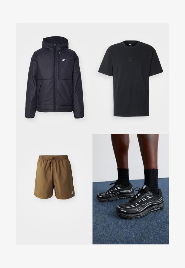 Casaco Nike preto, acolchoado, com fecho à frente e capuz. Apresenta um logo branco no lado esquerdo do peito e dois bolsos frontais. Textura exterior lisa.; T-shirt de algodão preto da Nike com um clássico decote redondo, mangas curtas e um logótipo em relevo discreto no peito. Textura suave.; Calções de banho castanhos feitos de um tecido leve, apresentando uma cintura elástica com cordão de ajuste e um discreto logótipo da Nike na lateral.; Os sapatos pretos da Nike apresentam um upper em malha com riscas de destaque, atacadores texturizados e uma sola de borracha preta. Usados com meias pretas caneladas.