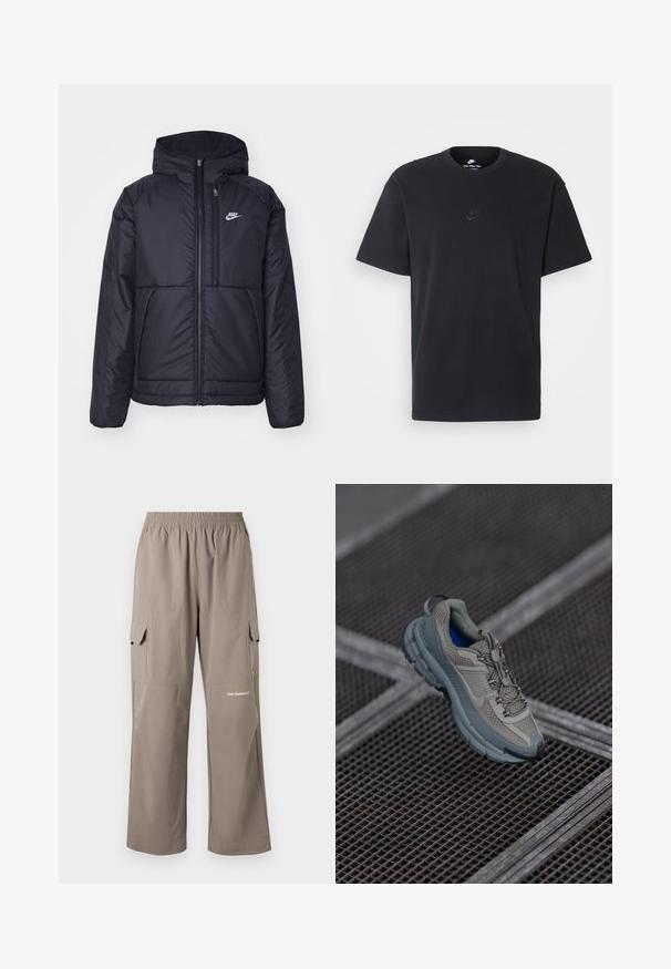 Čierna, polstrovaná bunda Nike so zipsom vpredu a kapucňou. Na ľavej strane hrude sa nachádza biele logo a sú tu dva predné vrecká. Hladký vonkajší povrch.; Čierne bavlnené tričko Nike s klasickým okrúhlym výstrihom, krátkymi rukávmi a jemne embosovaným logom na hrudi. Hladká textúra.; Cargo nohavice vyrobené z ľahkej tkaniny, v taupe farbe, s elastickým pásom, bočnými vreckami a decentným logom značky.; Béžová a šedá športová obuv s textúrovaným sieťovaným zvrškom, okrúhlou špičkou a gumovou podrážkou, vybavená šnúrkami a polstrovaným golierom.