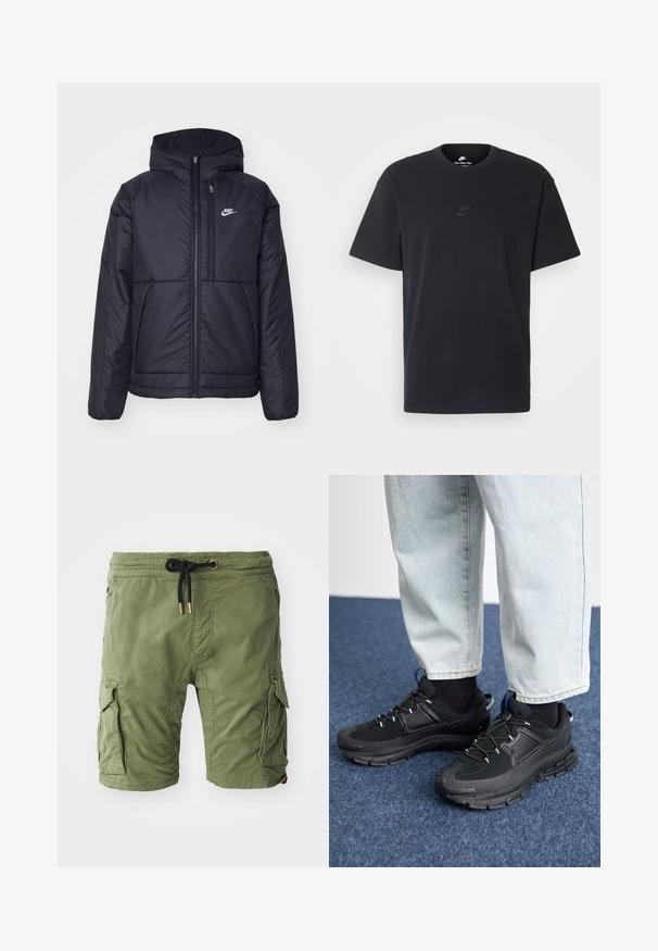 Juodas, paminkštintas Nike džemperis su priekyje užtrauktuku ir gobtuvu. Pasižymi balta logo kairėje krūtinės pusėje ir dviem priekinėmis kišenėmis. Su lygiu išoriniu paviršiumi.; Juodas medvilninis Nike marškinėliai su klasikinėmis apykaklėmis, trumpomis rankovėmis ir subtiliu, įspaustu logotipu ant krūtinės. Sklandus tekstūra.; Alyvos žalia spalvos medvilniniai cargo šortai su šoninėmis kišenėmis, raišteliu su auksine furnitūra ir švelniu, tekstūriniu paviršiumi.; Juodi sportiniai bateliai su tekstūruota medžiaga ir guminiais padais, su elastingomis raišteliais ir mėlynu akcentu ant kulno. Dėvimi su šviesiai mėlynomis džinsinėmis kelnėmis.