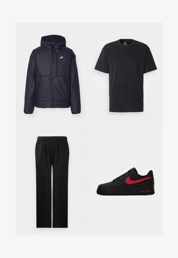 Black, padded Nike jacket with a front zipper and hood. Features a white logo on the left chest and dual front pockets. Smooth exterior texture.; Nike black cotton t-shirt with a classic crew neck, short sleeves, and a subtle, embossed logo on the chest. Smooth texture.; Black trousers made of soft fabric with an elastic waistband, straight-leg design, and two side pockets. Features hidden stitching detail.; Black leather Nike Air Force 1 sneakers with red accents, featuring a smooth texture, perforated toe, and contrasting red stitching.