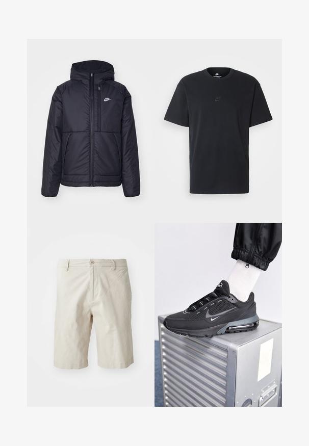 Zwarte, gewatteerde Nike-jas met een voorkant met ritssluiting en capuchon. Kenmerkt zich door een wit logo op de linkerborst en dubbele frontzakken. Gladde buitenkant.; Zwarte katoenen t-shirt van Nike met een klassieke ronde hals, korte mouwen en een subtiele, reliëflogo op de borst. Gladde textuur.; Beige katoenen shorts met een frontale knoopsluiting, riemlussen en een recht gesneden ontwerp. Glad textuur, eindigend net boven de knie.; Nike Sportswear PULSE - Sneakers laag - black/anthracite