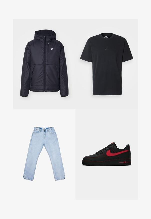 Casaco Nike preto, acolchoado, com fecho à frente e capuz. Apresenta um logo branco no lado esquerdo do peito e dois bolsos frontais. Textura exterior lisa.; T-shirt de algodão preto da Nike com um clássico decote redondo, mangas curtas e um logótipo em relevo discreto no peito. Textura suave.; Calças de ganga azul-claro com corte de perna direita, com cinco bolsos, fecho com botão e desbotamento subtil. Sem padrões ou logótipos visíveis.; Sapatilhas Nike Air Force 1 em couro preto com detalhes em vermelho, apresentando uma textura suave, biqueira perfurada e pespontos em vermelho contrastantes.