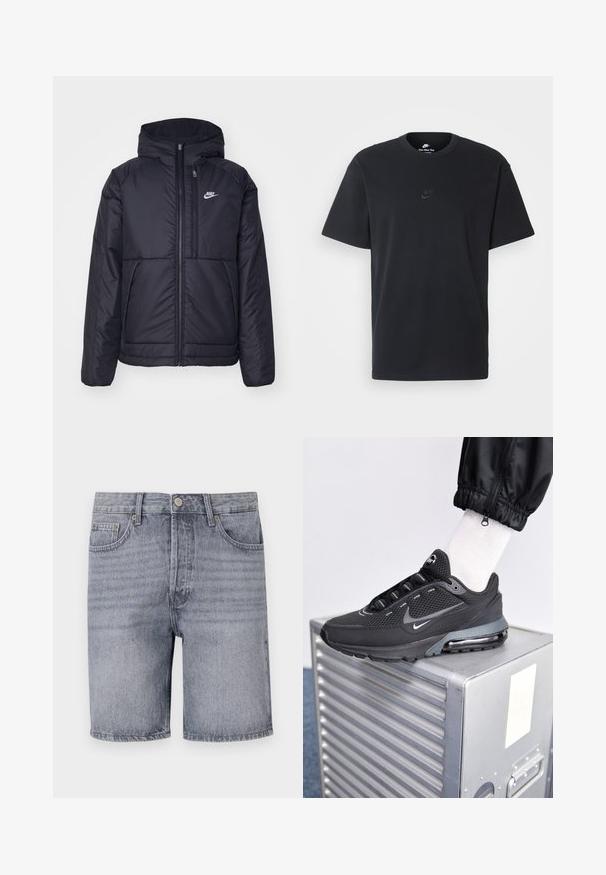 Veste Nike noire rembourrée avec une fermeture éclair sur le devant et une capuche. Elle présente un logo blanc sur la poitrine gauche et deux poches avant. Texture extérieure lisse.; T-shirt en coton noir Nike avec un col rond classique, des manches courtes et un logo embossé subtil sur la poitrine. Texture lisse.; Shorts en denim gris clair avec une coupe classique, comportant cinq poches, une fermeture à bouton et une texture légèrement décolorée.; Nike Sportswear PULSE - Baskets basses - black/anthracite