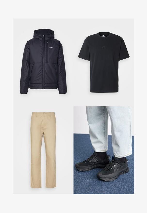 Veste Nike noire rembourrée avec une fermeture éclair sur le devant et une capuche. Elle présente un logo blanc sur la poitrine gauche et deux poches avant. Texture extérieure lisse.; T-shirt en coton noir Nike avec un col rond classique, des manches courtes et un logo embossé subtil sur la poitrine. Texture lisse.; Chinos beiges, design à jambe droite, tissu en mélange de coton, fermeture à bouton à l'avant, passants de ceinture et ourlets finement cousus. Pas de motifs ni d'accents visibles.; Des chaussures de sport noires avec un tissu texturé et des semelles en caoutchouc, dotées de lacets élastiques et d'un accent bleu au talon. Portées avec un pantalon en denim clair.