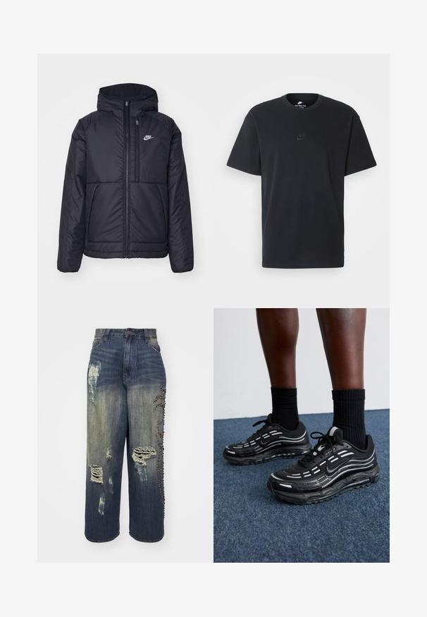 Juodas, paminkštintas Nike džemperis su priekyje užtrauktuku ir gobtuvu. Pasižymi balta logo kairėje krūtinės pusėje ir dviem priekinėmis kišenėmis. Su lygiu išoriniu paviršiumi.; Juodas medvilninis Nike marškinėliai su klasikinėmis apykaklėmis, trumpomis rankovėmis ir subtiliu, įspaustu logotipu ant krūtinės. Sklandus tekstūra.; Tamsiai mėlyni aukšto liemens džinsai su nusidėvėjimo dėmėmis, blukimu ir dekoratyviniais akcentais šonuose. Plati kojų forma.; Juodi Nike batai turi orui pralaidžią viršutinę dalį su akcento juostelėmis, tekstūruotais raišteliais ir juodu guminio pado. Dėvimi su juodais šonkauliniais sokais.